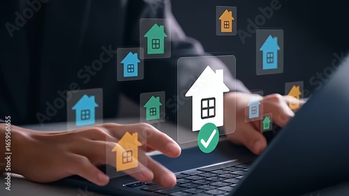 Wallpaper Mural Hands interacting with a digital interface displaying house icons Torontodigital.ca