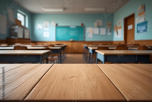 Empty classroom ready for learning  featuring desks  chairs  and a vibrant chalkboard  perfect for educational content.