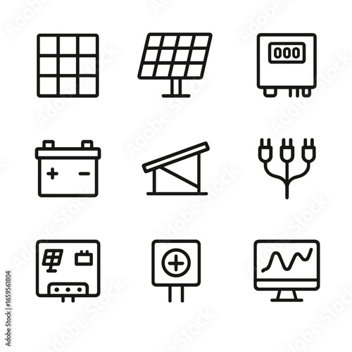 Solar Panel Icon Set. Outline icon set of solar panel components: photovoltaic cell, solar panel array, inverter, battery storage,