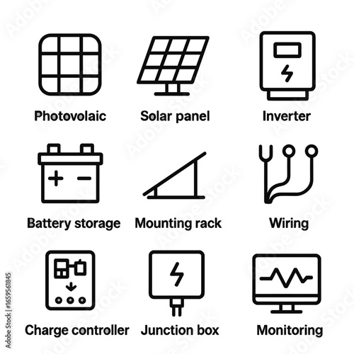 Solar Panel Icon Set. Outline icon set of solar panel components: photovoltaic cell, solar panel array, inverter, battery storage,