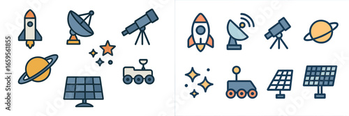 Space icons: rockets, telescopes, and satellites