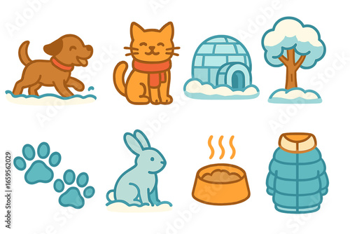 Winter Pet Adventures. Flat vector mini-illustrations Pets experiencing winter in colors children's