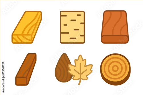 Wood Types for Kids. Flat vector mini-illustrations wood types and trees in colors children's illustrations: