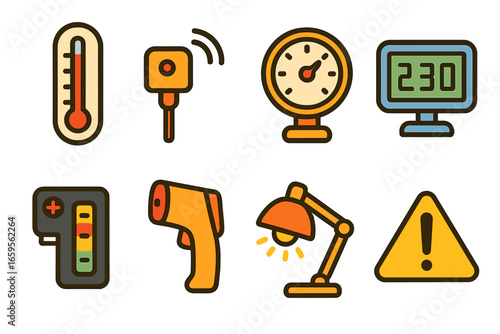 Workshop Temperature Tools Icons. Flat vector mini-illustrations workshop temperature tools in colors children