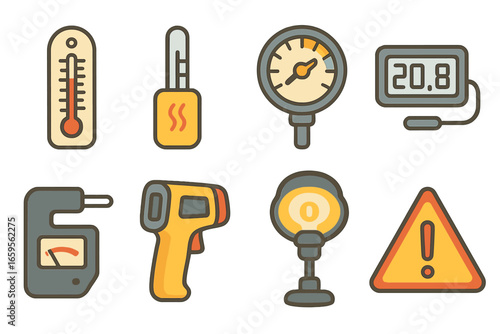 Workshop Temperature Tools Icons. Flat vector mini-illustrations workshop temperature tools in colors children