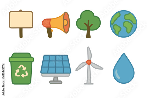 Youth Climate Icons. Flat vector mini-illustrations youth climate action in colors children's illustrations: