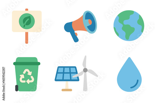 Youth Climate Icons. Flat vector mini-illustrations youth climate action in colors children's illustrations: