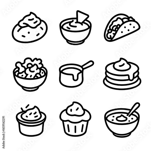 Sour Cream Uses Icons. Outline icon set of sour cream usage: topping on baked potato, sour cream dip, dollop on taco, sour cream