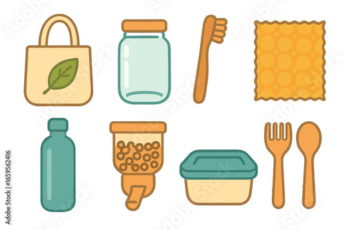 Zero Waste for Kids. Flat vector mini-illustrations zero waste lifestyle in colors children's illustrations: