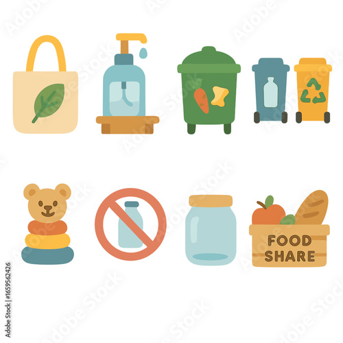 Zero-Waste Kid Icons. Flat vector mini-illustrations zero-waste initiatives in colors children's illustrations