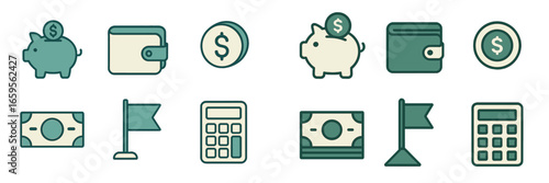 Financial icons representing savings and budgeting in vector style