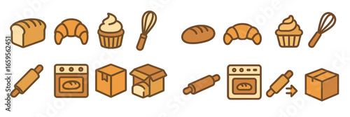 Vector illustration of baking tools and baked goods in warm colors