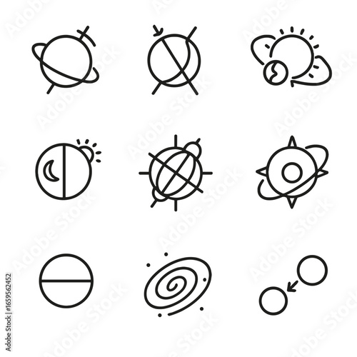 Space & Universe Icons. Outline icon set of planetary movement: axial rotation, tilt axis, revolution around the Sun, day and