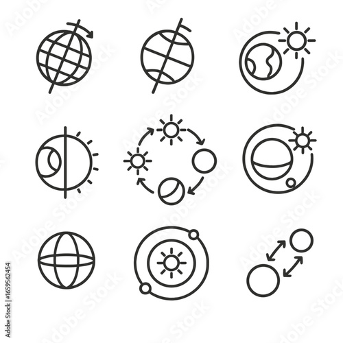 Space & Universe Icons. Outline icon set of planetary movement: axial rotation, tilt axis, revolution around the Sun, day and