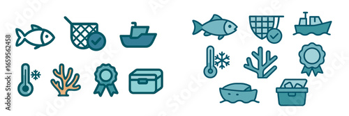 Icon set of fishing elements showcasing marine life and gear