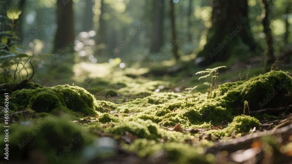 Sunlit Forest Floor Covered in Vibrant Green Moss Sunlit Forest Floor Covered in Vibrant Green Moss