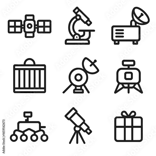 Space Payload Icons. Outline icon set of payload types: satellite, scientific instruments, communication equipment, cargo