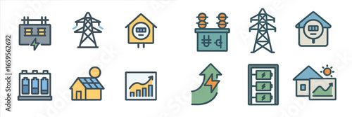 Energy icons representing electricity, sustainability, and consumption