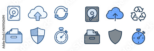 Data management icons for cloud storage and file backup processes