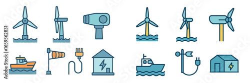 Vector illustration of renewable energy and offshore wind turbines