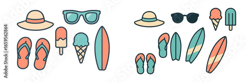 Beach essentials for summer fun with surfboards and ice cream
