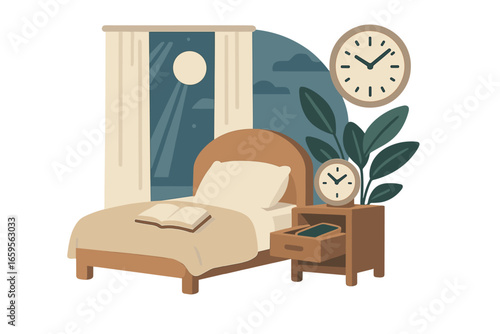 Cozy bedroom interior with clock and plant at night
