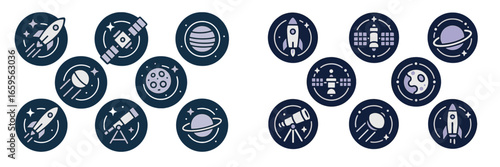 Vector icons of space exploration in diverse styles