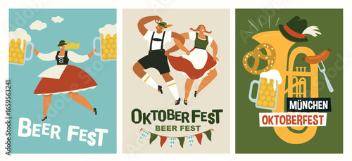3 minimalist posters for Oktoberfest! National flavor, beer mugs, food, festive atmosphere and lots of beer. A4 vector templates are ideal for advertising this event.