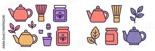 Decorative tea set and herbal elements in flat vector style