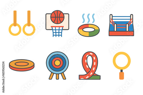 Sporty Rings Icons. Flat vector mini-illustrations sporty rings in colors children's illustrations: gymnastics rings, basketball