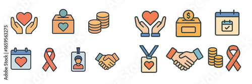 Illustration of hands holding hearts and symbols of charity and giving