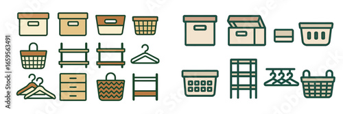 Storage solutions with baskets, boxes, and shelving for organizing