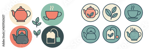 Diverse tea utensils and leaves in vector illustration format