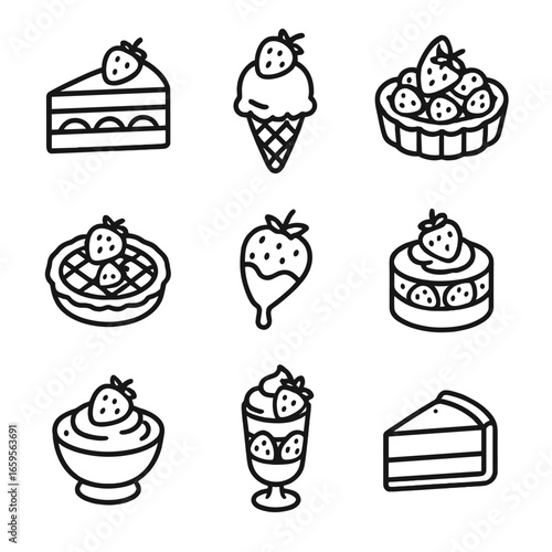 Strawberry Dessert Icons. Outline icon set of strawberry desserts: strawberry cake, strawberry ice cream, strawberry tart,