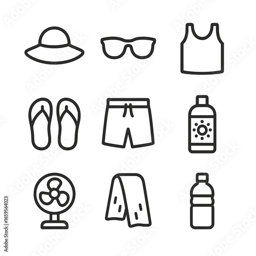 Summer Essentials Icons. Outline icon set of hot fashion and gear: sunhat, sunglasses, tank top, flip flops, beachwear, sunscreen