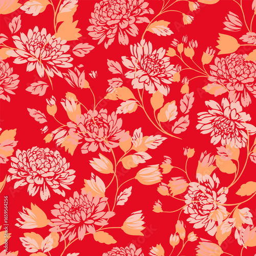 Seamless vector floral pattern with blooming chrysanthemums and leaves in soft peach and pink tones on a bold red background. Designs for textiles, fashion, and decor