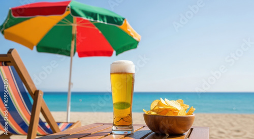 Refreshing pilsner beer and crispy chips enjoyed on a beach during a sunny summer day