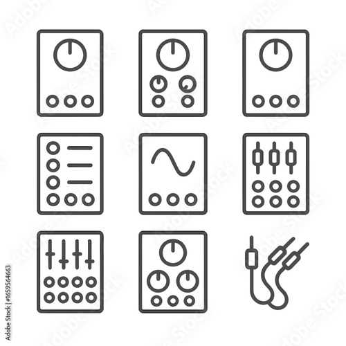 Synth Module Icons. Outline icon set of modular synth modules: VCO, VCF, VCA, envelope generator, LFO, mixer module, sequencer