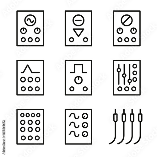 Synth Module Icons. Outline icon set of modular synth modules: VCO, VCF, VCA, envelope generator, LFO, mixer module, sequencer