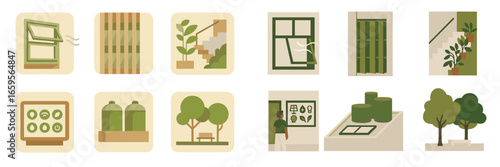 Vector illustrations of various indoor plants and home features