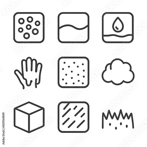 Tactile Texture Icons. Outline icon set of tactile textures: bumpy, smooth, slippery, sticky, gritty, soft, hard, rough, prickly.