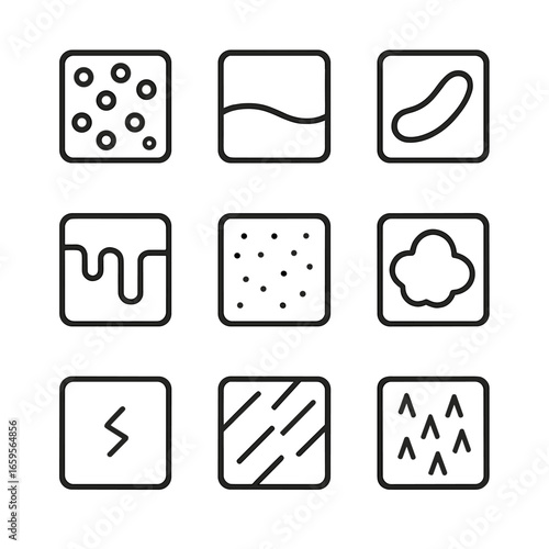 Tactile Texture Icons. Outline icon set of tactile textures: bumpy, smooth, slippery, sticky, gritty, soft, hard, rough, prickly.