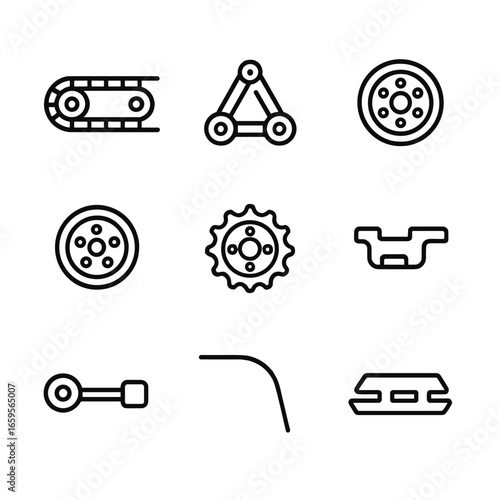 Tank Tracks Icons. Outline icon set of tank tracks and mobility: continuous track, suspension system, road wheel, idler wheel,