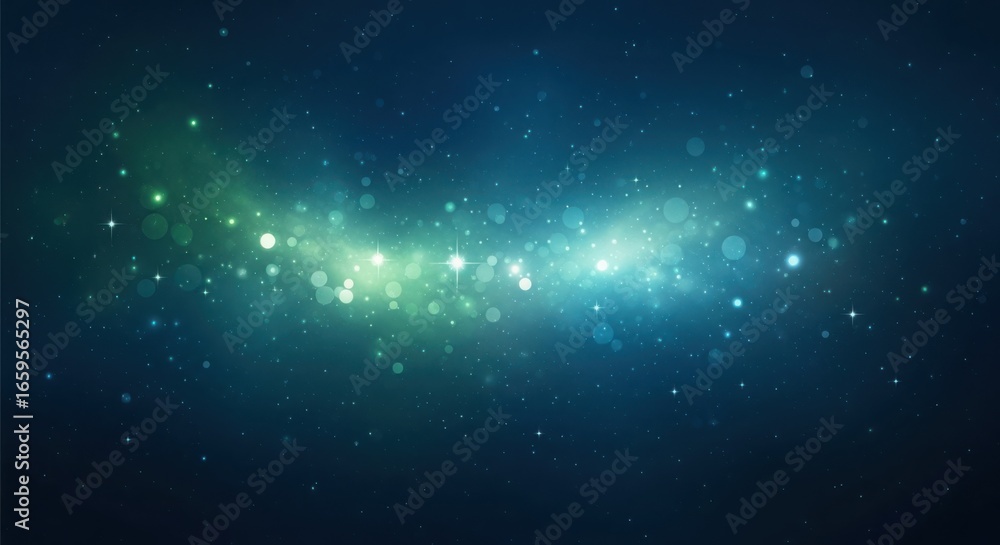 Fototapeta premium Abstract cosmic nebula with glowing green and blue particles and light streaks