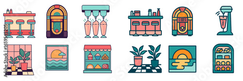 Nostalgic diner elements illustrated in a vibrant vector style