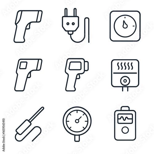 Thermal Tools Icons. Outline icon set of thermal measurement tools: infrared thermometer, thermocouple, thermostat, pyrometer,