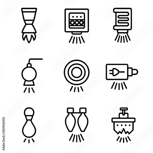 Thruster Icon Set. Outline icon set of thruster types: chemical rocket thruster, ion thruster, plasma thruster, cold gas thruster,