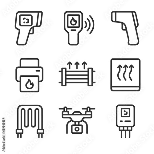 Thermal Device Icons. Outline icon set of thermal devices: thermal camera, heat sensor, infrared thermometer, thermal printer,