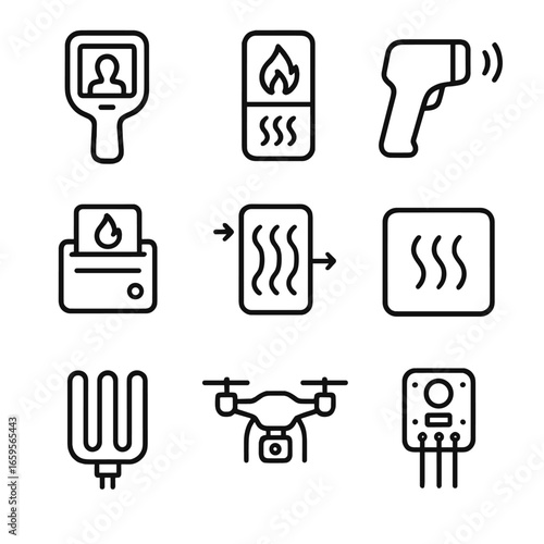 Thermal Device Icons. Outline icon set of thermal devices: thermal camera, heat sensor, infrared thermometer, thermal printer,