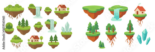 Floating islands with waterfalls and trees in a vibrant landscape